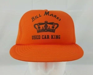 Sombrero de camionero vintage ~ Bill Marks usado Car King ~ Snapback Blaze naranja gorra hinchada - Imagen 1 de 10