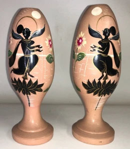 (2) Vintage Wood CandleSticks Hand Painted Turned ~7.5” Asia India Greek Angels? - Picture 1 of 8
