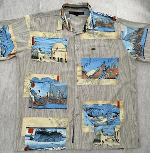 Phat Farm Shirt Adult 3XL Gray Blue Asian Chinese Button Up Short Sleeve Mens - Picture 1 of 13
