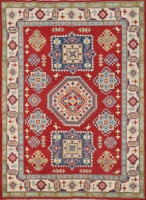 Red/ Ivory Super Kazak Geometric Oriental Area Rug Wool Hand-made Carpet 5'x7' - Image 1 of 4
