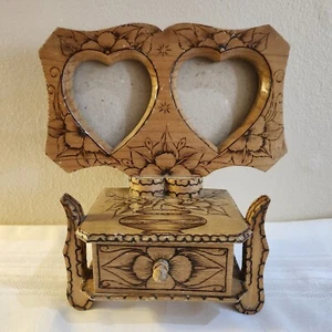 Wooden Trinket Box. Hand Tooled Burnt Designs With Duel Picture Framed - Picture 1 of 9