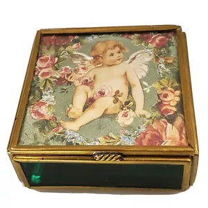 Vintage 1993 Thomas Cathey Cherub Angel Trinket Jewelry Box Stained Glass Brass - Picture 1 of 12