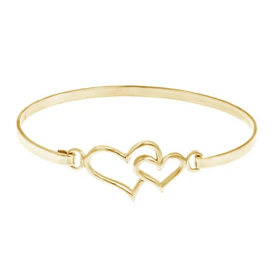Double Heart One Love Bangle Bracelet Solid Sterling Silver 925 - Image 1 of 4
