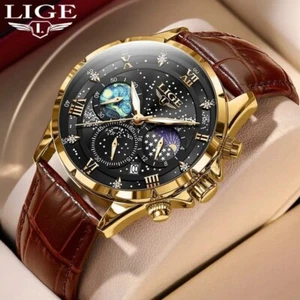 Mens Watch Quartz Chronograph Leather Strap Luminous Luxury LIGE 2024 Wristwatch - Picture 1 of 18