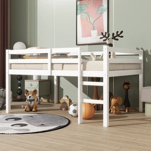 Full Rubber Wood Loft Bed Frames with Ladder and Guardrail, Space Storage - Picture 1 of 32