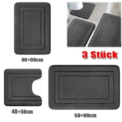 3 teilig Set Bad Badezimmer Garnitur Badematte WC Vorleger Dusch Matte Teppich - Bild 1 von 4
