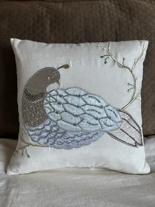 Embroidered Partridge Decorative Throw Pillow - Metallic & Satin Appliqué 12x12" - Picture 1 of 15