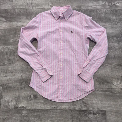 Ralph Lauren Custom Fit Pink White Stripe Oxford Shirt Long Sleeve Womens XS - Image 1 of 4