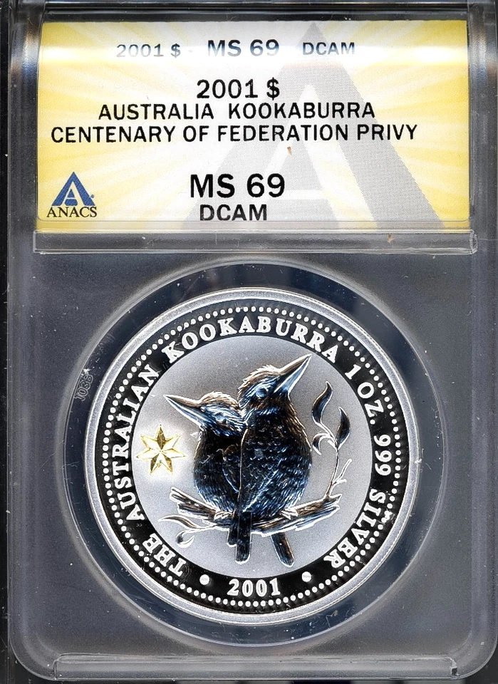 2001 $1 Silver Australian Kookaburra Fed Privy MS 69DCAM ANACS # 7949826 + Bonus - Image 1 of 2