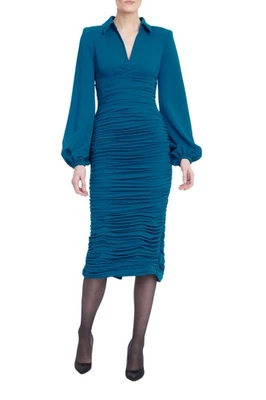 Badgley Mischka Teal Blue Long Sleeve Ruched Collared sz 4  Dress $595 Modest - Image 1 of 3