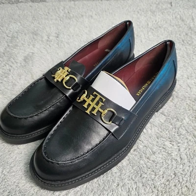 Tommy Hilfiger Black Moc Toe Loafers Gold Logo Women's Size 11M Shoes NEW - Image 1 of 4