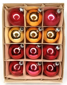 Mid Century Modern Weihnachtsschmuck 12er Set mit Box orange & rot 60er Jahre - Bild 1 von 11