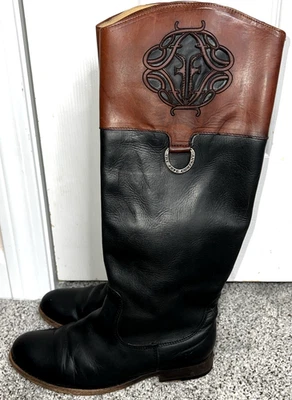 女式 7.5 码 Frye 靴子 Melissa 黑色皮革高骑马标志 Monogram 76436 — 第 1/4 张图片