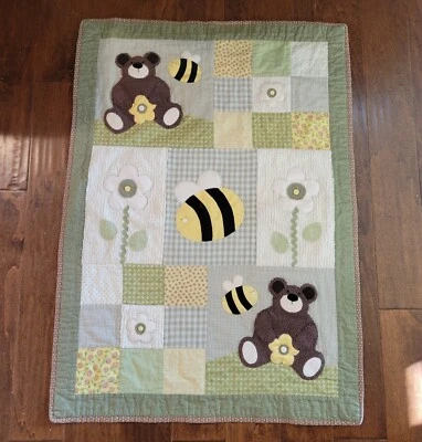 Handmade Baby Quilt Sensory Textured Bees & Bear Green Brown Yellow Wall Hanging - Image 1 of 4