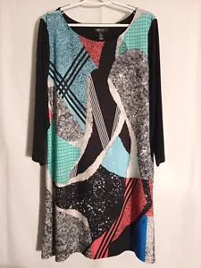 Style Co-Black Turquoise Coral White Gray Geo Long Sleeve Knit Top Tunic-3X - Picture 1 of 5