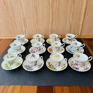 E &R Bone China Bouquet Of The Month cups & saucers COMPLETE SET OF 12 full size - Picture 1 of 24