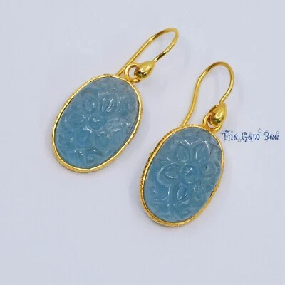 Pendientes colgantes florales tallados en aguamarina azul fino de oro amarillo macizo de 18 quilates Foto 1 de 4