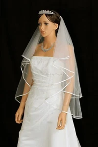 2T Ivory Bridal Fingertip Length 1/4" Ribbon Edge Wedding Veil - Picture 1 of 4