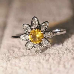 2.50Ct Round Cut Yellow Citrine Lab Created Flower Ring 14K White Gold Plated - Picture 1 of 11