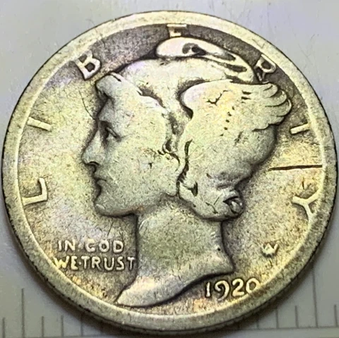 1920-D 0.9 Silver Mercury Dime G+: Few Lines Visible Fasces Cover