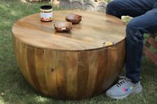 Wood Round Coffee Table With Storage Living Room Drum Low Height Cocktail Table