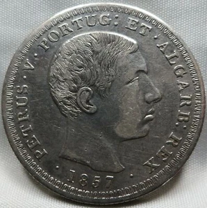 PORTUGAL Kingdom 500 reis 1857 XF- King Pedro V Silver Toned Crown Scarce #B46 - Picture 1 of 2