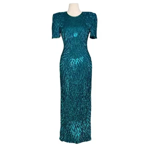 Laurence Kazar Teal Silk Sequin Short Sleeve Column Dress 80s Vintage Sz S FLAW - Picture 1 of 15