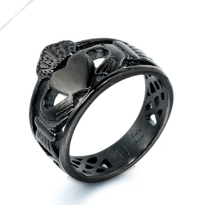 Alianza de boda negra irlandesa Claddagh acero inoxidable amor amistad anillo talla 7-13 Foto 1 de 2