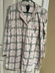 Laura Ashley Small nightgown sleep shirt button up pink-gray plaid long sleeve - Picture 1 of 4