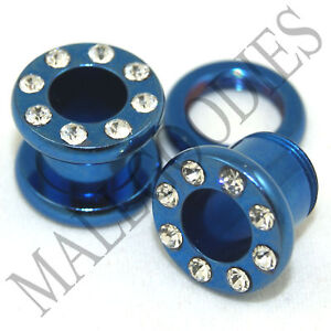 V046 Screw-on fit Blue CZ Surgical Steel Flesh Tunnels Ear Plugs 10G~1"