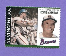 1989 St. Vincent US Baseball Series 2 Stamp Eddie Mathews Hall of Famer Braves
