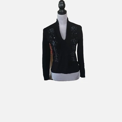 Suéter Top Yuks Mujer Negro Cuello en V Cuentas Manga Larga Talla M. Nuevo Foto 1 de 4