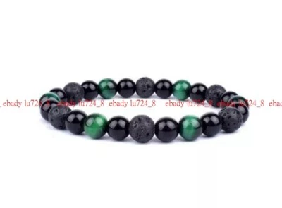 Pulsera elástica de 8 mm triple protección ojo de tigre obsidiana piedra de lava para hombre 7,5" Foto 1 de 4