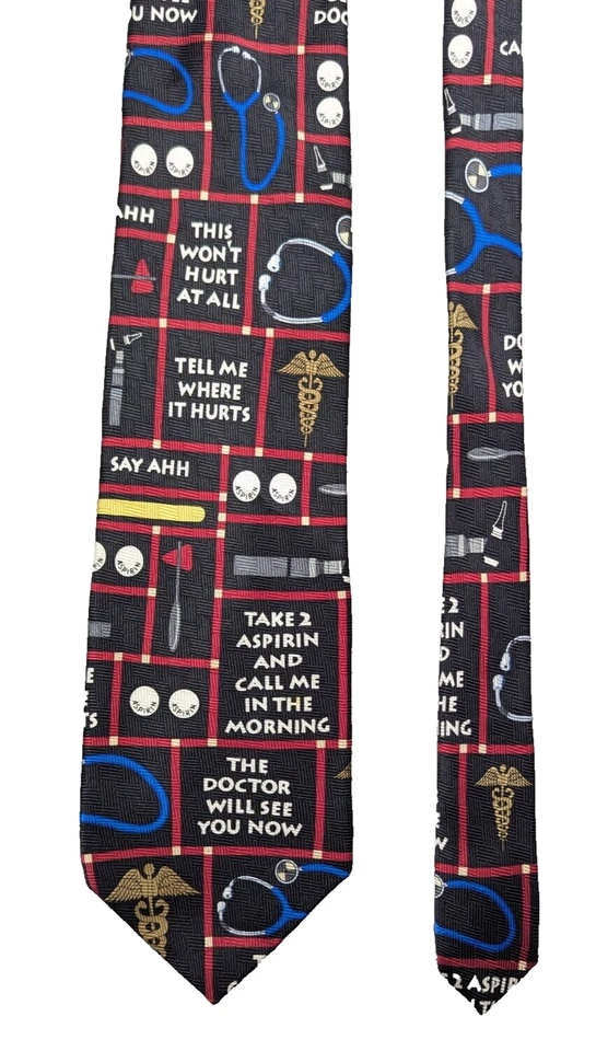 Corbata de colección Ralph Marlin caprichosa doctor MD AMA tema humorístico estampado de seda Foto 1 de 4
