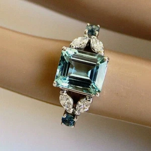 3Ct Emerald Cut Blue Aquamarine Art Deco Engagement Ring 14k White Gold Finish - Picture 1 of 7
