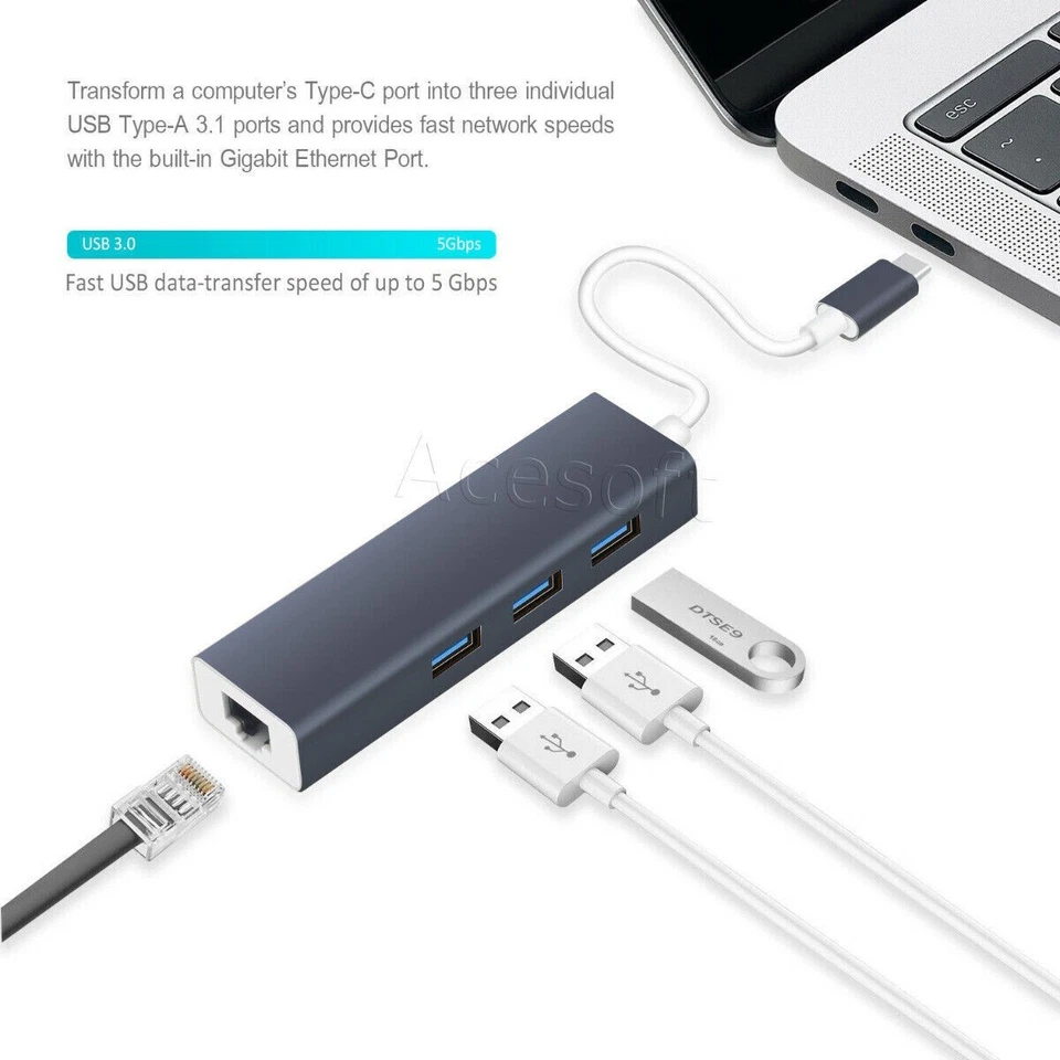 Type C USB-C USB 3.1 to 3-Port USB 3.0 Hub & RJ45 Gigabit Ethernet Wall Adapter - Image 1 of 1