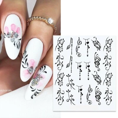 Nail Art Water Decals Stickers Transfers Black Water effect Flowers Floral (X13)
