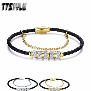 TTstyle Black Leather 316L S.Steel Cubic Zirconia Beaded Bracelet Silver/Gold - Picture 1 of 3