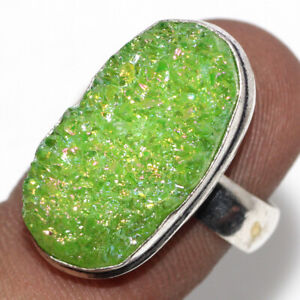 925 Silver Plated-Green Titanium Druzy Ethnic Handmade Ring Jewelry US Size-7 JW