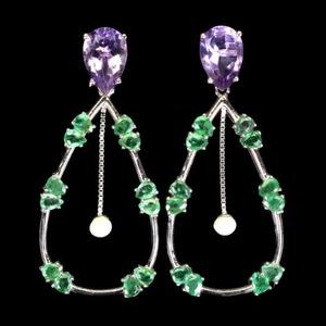 Summer 925 Silver Earrings Pear Amethyst 12x8mm Emerald Pearl Gemstone - Picture 1 of 9