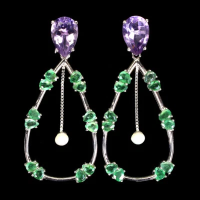 Pendientes de plata de ley 925 pera amatista 12x8 mm esmeralda perlas piedras preciosas Foto 1 de 4