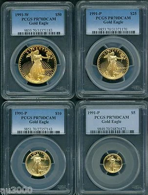 1991 4-COINS SET W & P $50 $25 $10 $5 GOLD EAGLE PCGS PR70 PROOF PF70 SCARCE - Image 1 of 2