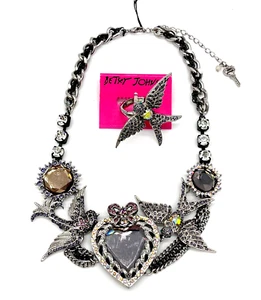 Betsey Johnson Love Bird Sparrows Mirrored Heart Crystals Bib Necklace Ring Set - Picture 1 of 24