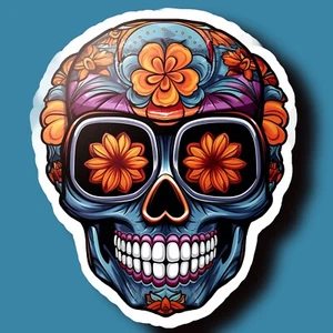 UV laminated Colorful Skull Wearing a Motorcycle Helmet Sticker - Free Shipping - Bild 1 von 1