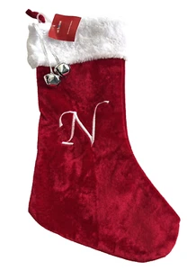 Christmas Stocking Monogram Initial N Red Plush White Cuff Jingle Bells At Home - Picture 1 of 6