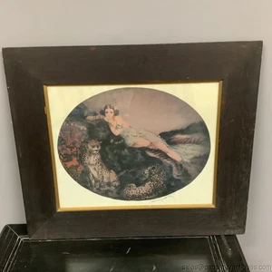 Signed Icart Print Thais Raised Seal Woman w Leopards Cheetahs Art Deco Framed - Picture 1 of 11
