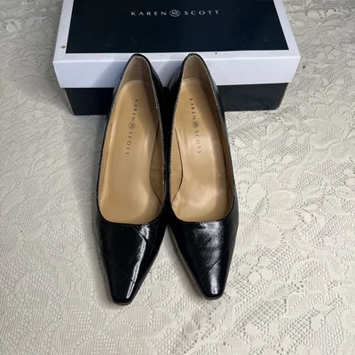 Черные запатентованные туфли-лодочки с заостренным носком 8,5 Вт Karen Scott «Clancy» на котятином каблуке б/у - Изображение 1 из 4