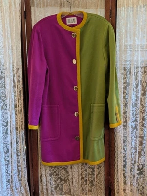 Винтажный 80-х 90-х годов Билл Blass цвет блок пальто зеленый фиолетовый пурпурный желтый шерсти - Изображение 1 из 4