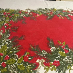 California Hand Prints Christmas Tablecloth Pinecones Holly & Gold Accents 52x64 - Picture 1 of 5