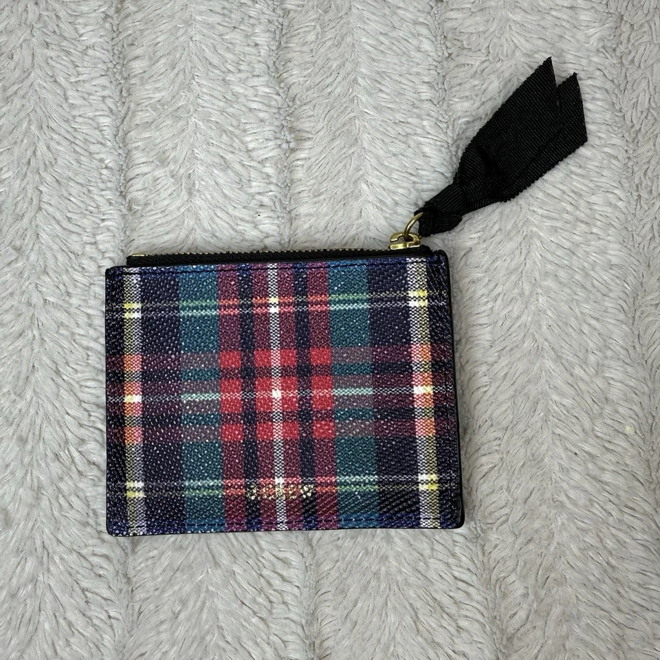 J. Crew Tartan Plaid Credit Card Case Leather Wallet Preppy Zip Close Thin Small - Image 1 of 4